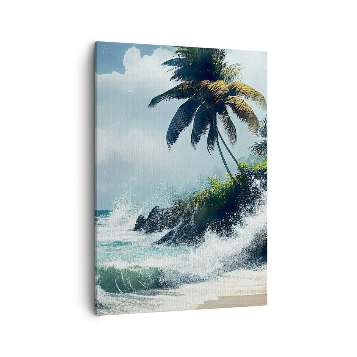Impression sur toile - Image sur toile - Rivage tropical avec palmiers et mer agitée - 50x70cm - Sur une côte tropicale - Décoration murale moderne pour le salon et la chambre ARTTOR