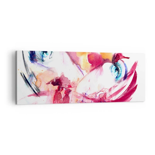 Impression sur toile - Image sur toile - Un visage abstrait avec des yeux expressifs et des accents rouges. - 140x50cm - Le monde prospère dans la proximité - Décoration murale moderne pour le salon et la chambre ARTTOR