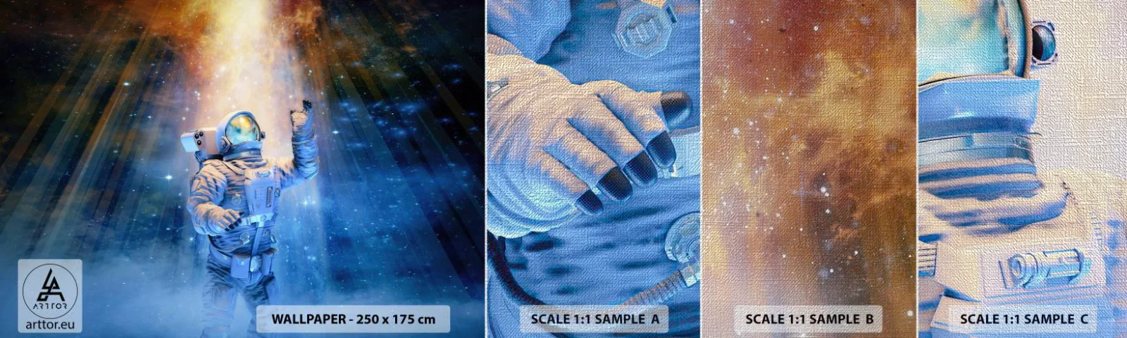 Échantillon de Papier Peint Premium Canvas - Enfin arrivé - Abstraction, Astronaute, Cosmos - 100x30 cm