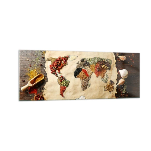 Impression sur verre - Image sur verre - Une carte du monde faite d'épices sur un fond en bois. - 140x50cm - Toutes les saveurs du monde - Décoration murale moderne pour le salon et la chambre ARTTOR