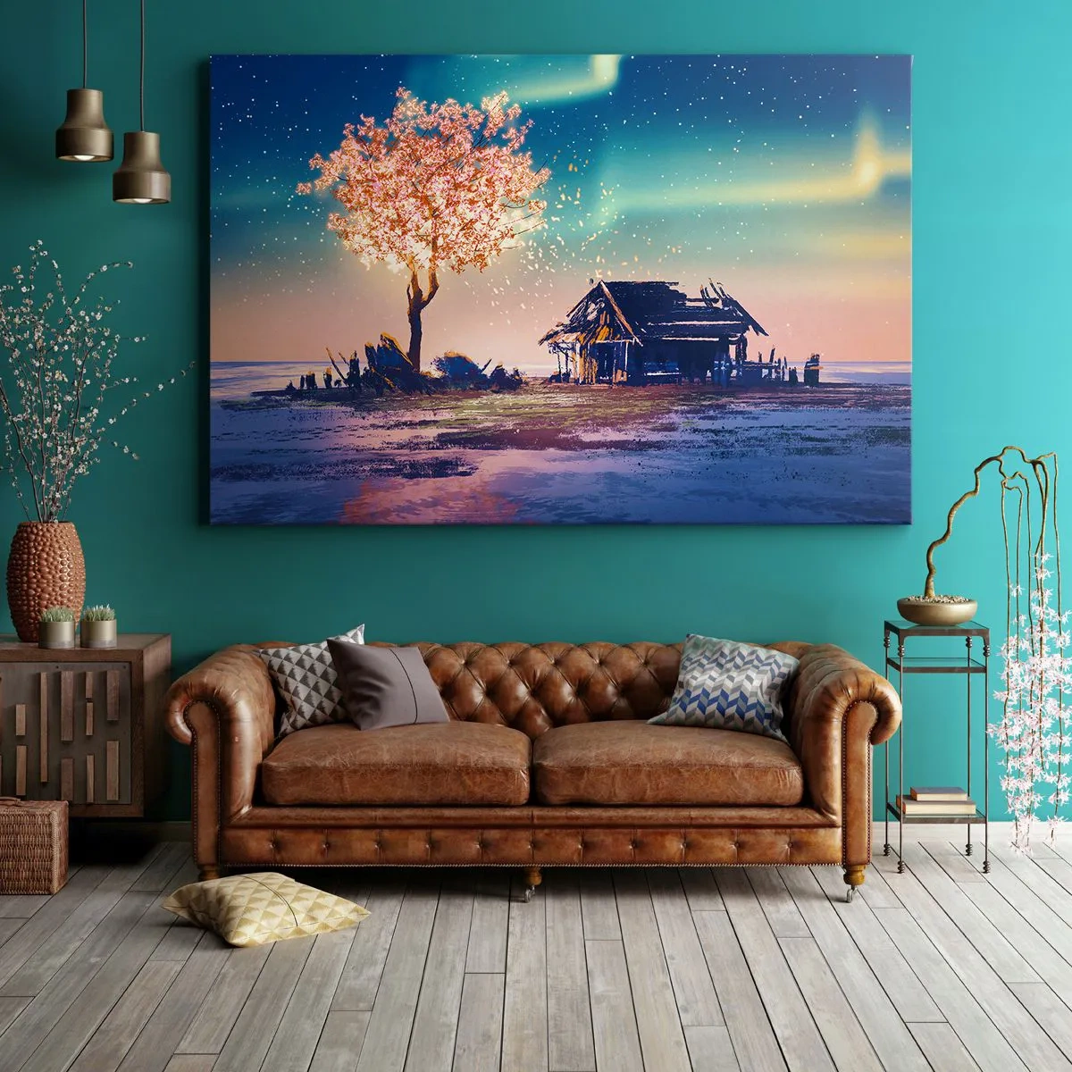 Impression sur toile - Image sur toile - Une maison et un arbre en fleurs sous le ciel nocturne - 70x50cm - La nature ne passe pas - Décoration murale moderne pour le salon et la chambre ARTTOR