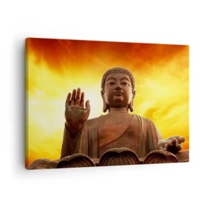 Impression sur toile - Image sur toile - Une statue de Bouddha contre un ciel de coucher de soleil doré - 70x50cm - La paix du monde - Décoration murale moderne pour le salon et la chambre ARTTOR