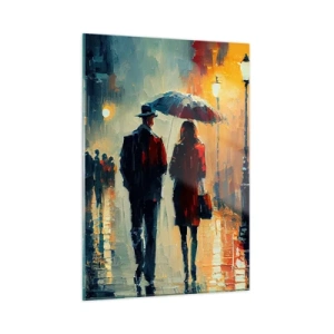 Impression sur verre - Image sur verre - Un couple avec un parapluie marchant dans une rue humide la nuit. - 50x70cm - Histoire d'amour urbaine - Décoration murale moderne pour le salon et la chambre ARTTOR