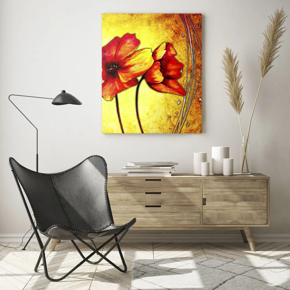 Impression sur verre - Image sur verre - Coquelicots rouges sur un fond de nuances dorées avec des détails artistiques - 50x70cm - Dans la décoration Art Nouveau - Décoration murale moderne pour le salon et la chambre ARTTOR