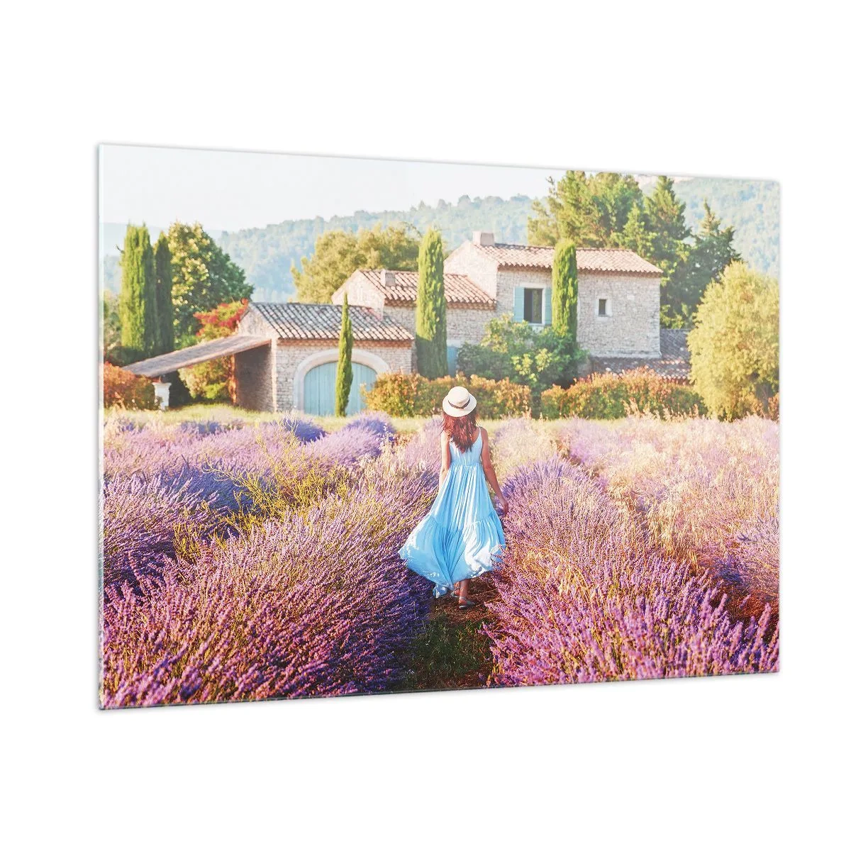 Impression sur verre - Image sur verre - Une femme en robe marchant dans un champ de lavande - 100x70cm - Fille de la lavande - Décoration murale moderne pour le salon et la chambre ARTTOR