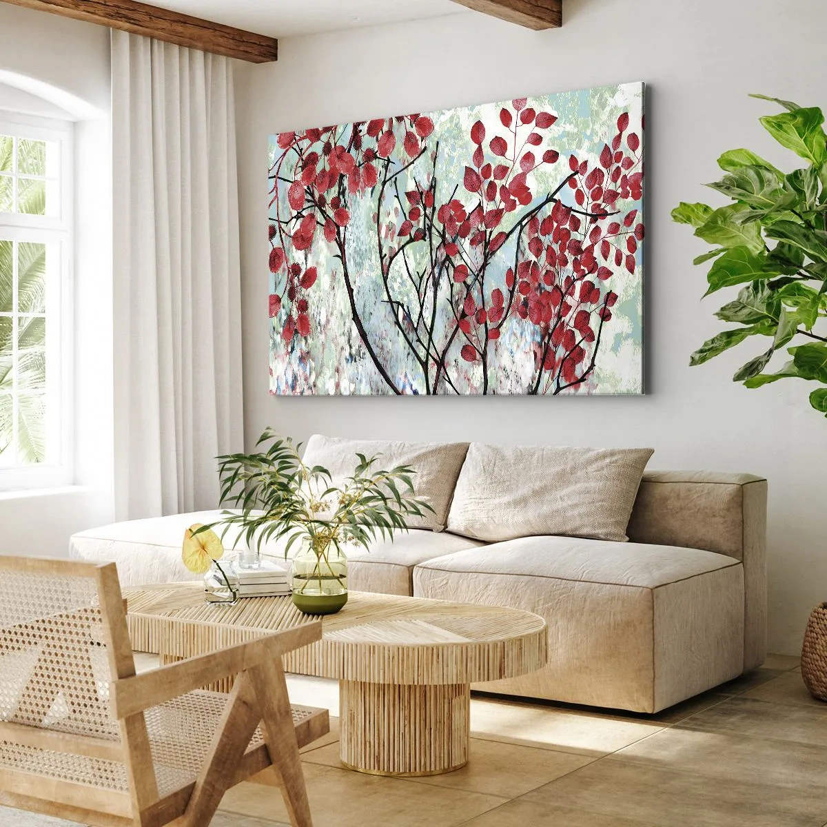 Impression sur toile - Image sur toile - Feuilles rouges sur un ciel lumineux avec des motifs abstraits - 100x70cm - Arbre en écarlate - Décoration murale moderne pour le salon et la chambre ARTTOR