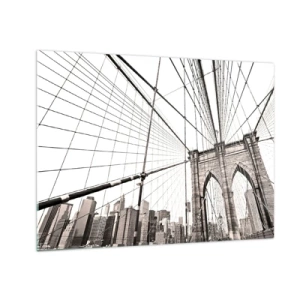 Impression sur verre - Image sur verre - Un pont suspendu avec un panorama de la ville en arrière-plan en sépia - 70x50cm - Cathédrale New Yorkaise - Décoration murale moderne pour le salon et la chambre ARTTOR