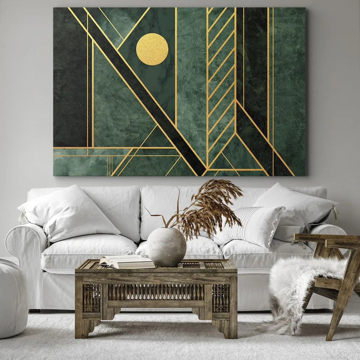 Impression sur toile - Image sur toile - Design géométrique vert et or avec un motif élégant - 100x70cm - Dynamique or et azur - Décoration murale moderne pour le salon et la chambre ARTTOR
