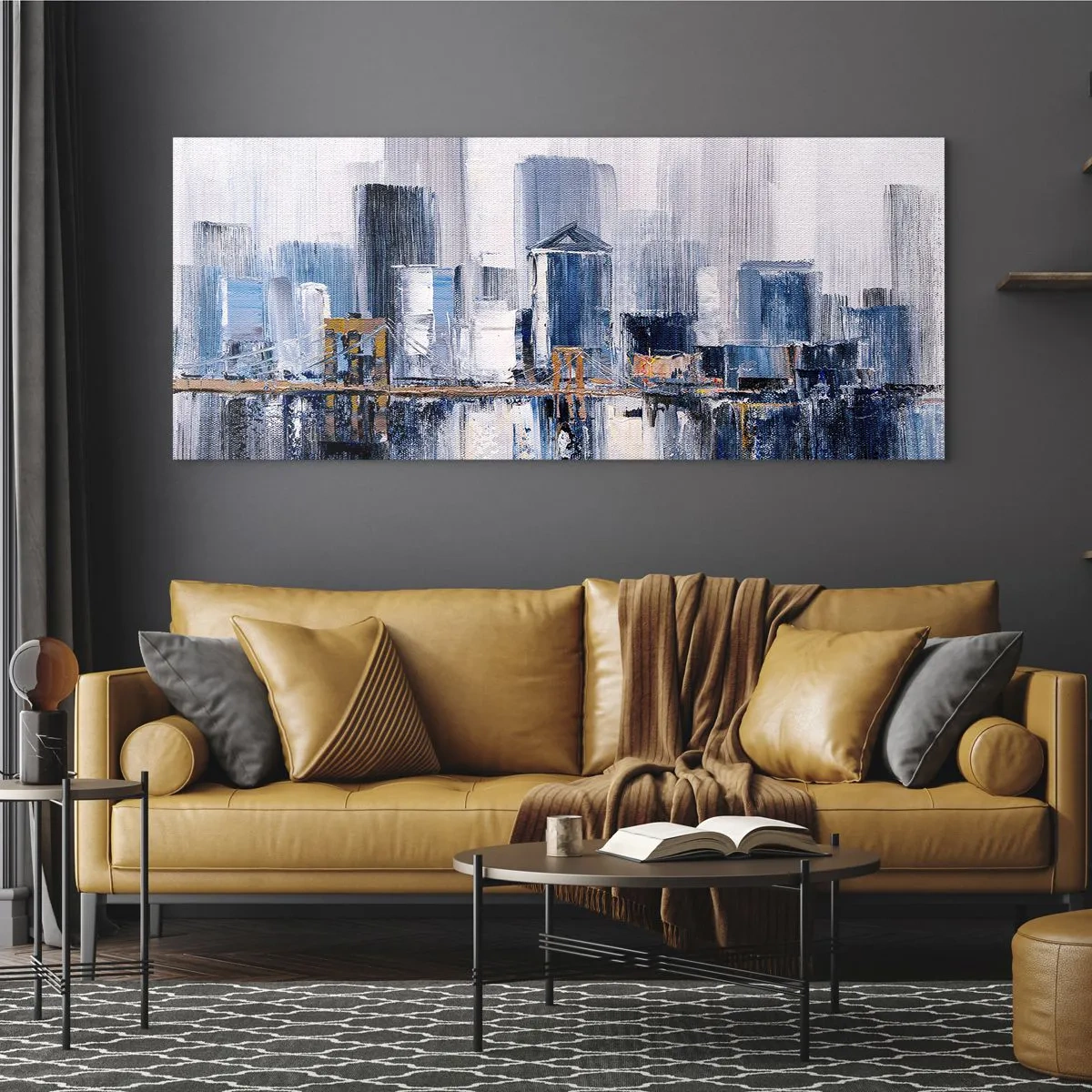 Impression sur verre - Image sur verre - Panorama urbain abstrait avec des nuances de bleu et de jaune - 120x50cm - Impression new-yorkaise - Décoration murale moderne pour le salon et la chambre ARTTOR