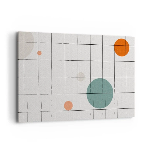 Impression sur toile - Image sur toile - Cercles colorés abstraits sur un fond de grille géométrique - 120x80cm - Piégé. Nous ou eux ? - Décoration murale moderne pour le salon et la chambre ARTTOR