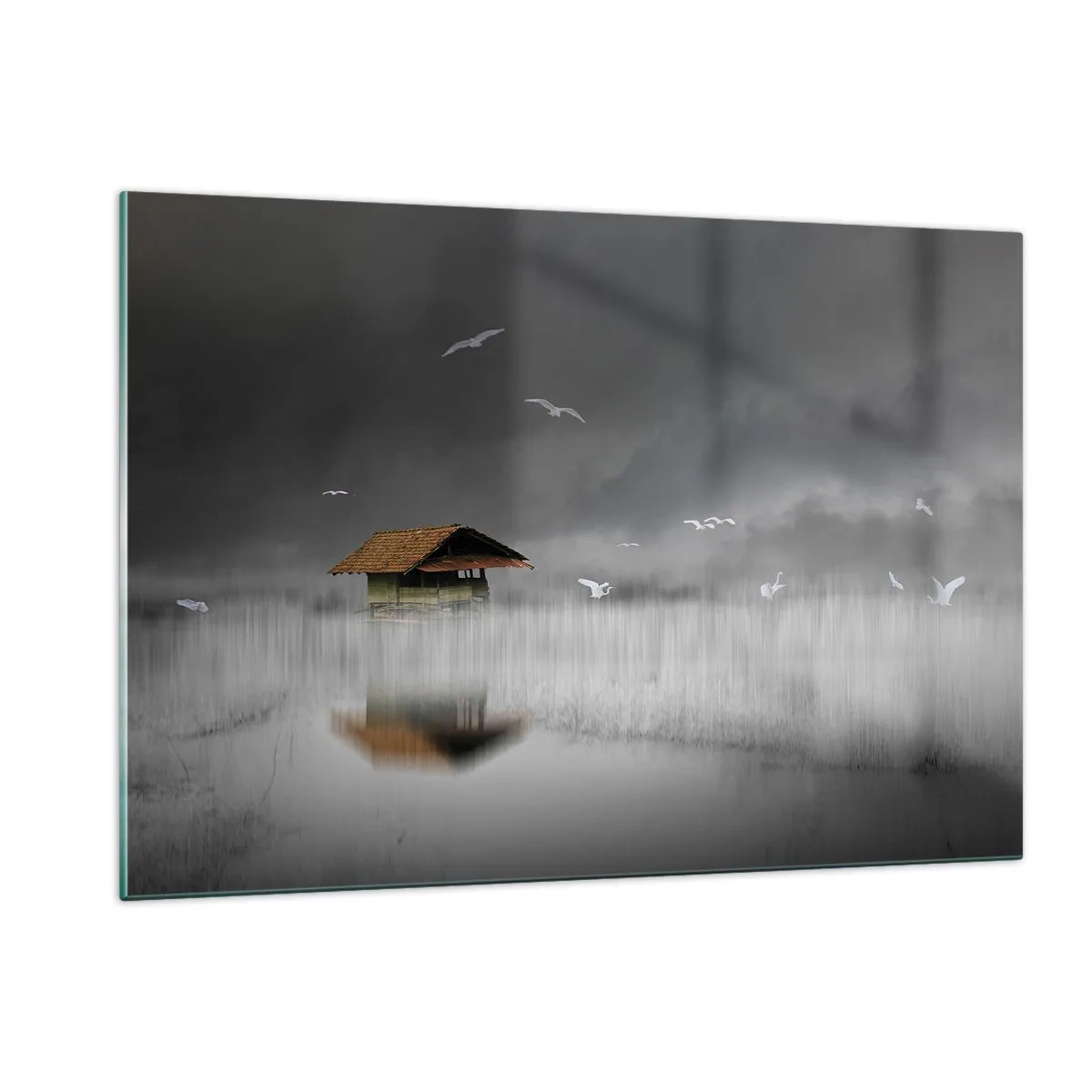 Impression sur verre - Image sur verre - Une maison sur l'eau dans le brouillard avec des oiseaux qui volent - 120x80cm - A l'abri de la pluie - Décoration murale moderne pour le salon et la chambre ARTTOR