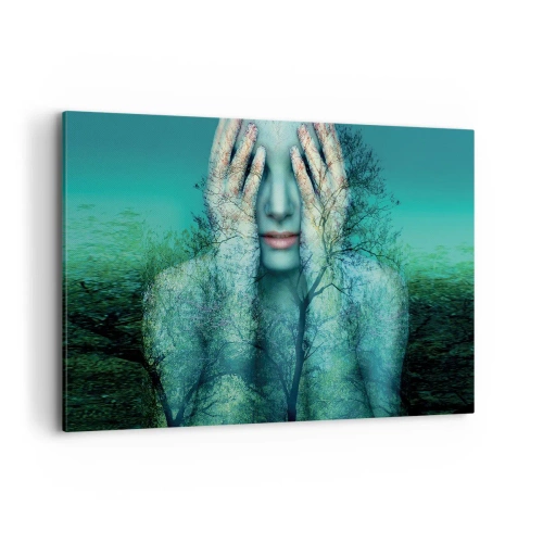 Impression sur toile - Image sur toile - Une figure de femme avec un motif d'arbre sur un fond de paysage turquoise - 120x80cm - immergé dans l'azur - Décoration murale moderne pour le salon et la chambre ARTTOR