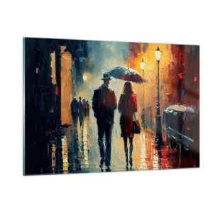 Impression sur verre - Image sur verre - Un couple avec un parapluie marchant dans une rue humide la nuit. - 120x80cm - Histoire d'amour urbaine - Décoration murale moderne pour le salon et la chambre ARTTOR