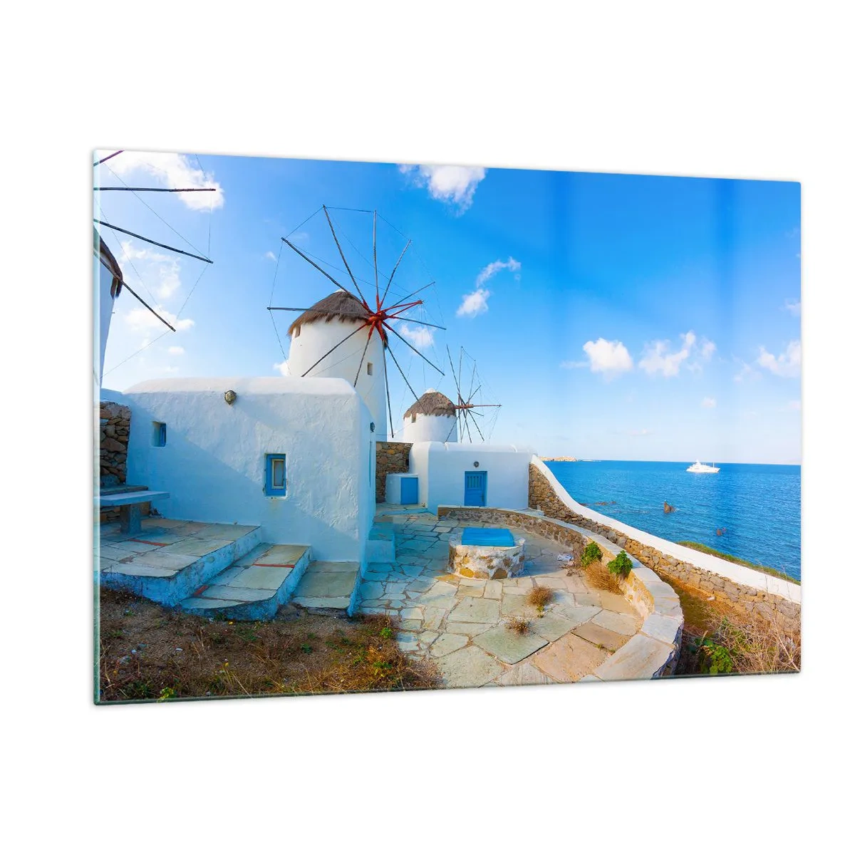 Impression sur verre - Image sur verre - Moulins à vent sur la côte égéenne - 120x80cm - Le vent bleu de la mer - Décoration murale moderne pour le salon et la chambre ARTTOR