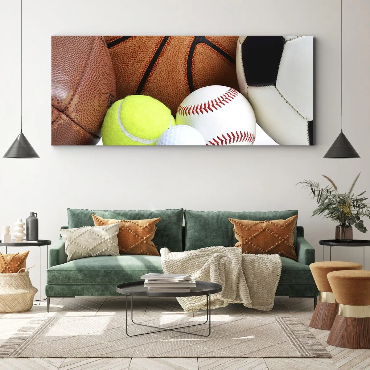 Impression sur toile - Image sur toile - Ballons de diverses disciplines sportives - 140x50cm - Le football nous connecte ! - Décoration murale moderne pour le salon et la chambre ARTTOR