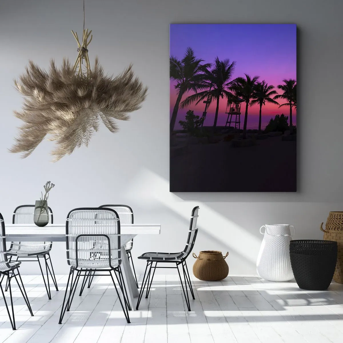 Impression sur toile - Image sur toile - Silhouettes de palmiers sur un ciel de coucher de soleil rose-violet - 80x120cm - Soirée sous les palmiers - Décoration murale moderne pour le salon et la chambre ARTTOR