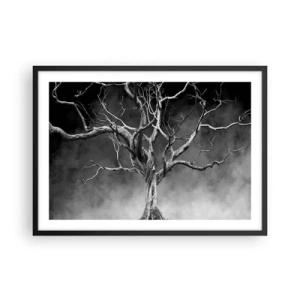 Affiche dans un cadre noir - Poster - Un arbre sec en noir et blanc contre le brouillard - 70x50cm - Primordial et sacré - Décoration murale moderne pour le salon et la chambre ARTTOR