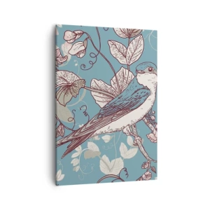 Impression sur toile - Image sur toile - Un oiseau sur une branche dans un style floral délicat - 50x70cm - Dans le bois blanc du rouge et de l'argent - Décoration murale moderne pour le salon et la chambre ARTTOR