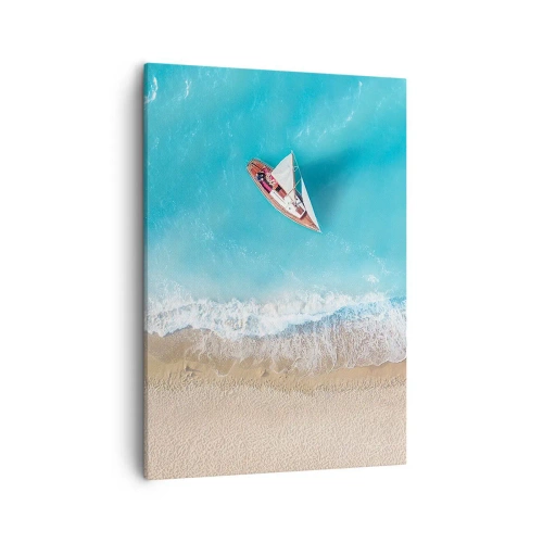 Impression sur toile - Image sur toile - Vue aérienne d'un bateau sur la plage - 50x70cm - A la frontière de l'azur et de l'or - Décoration murale moderne pour le salon et la chambre ARTTOR