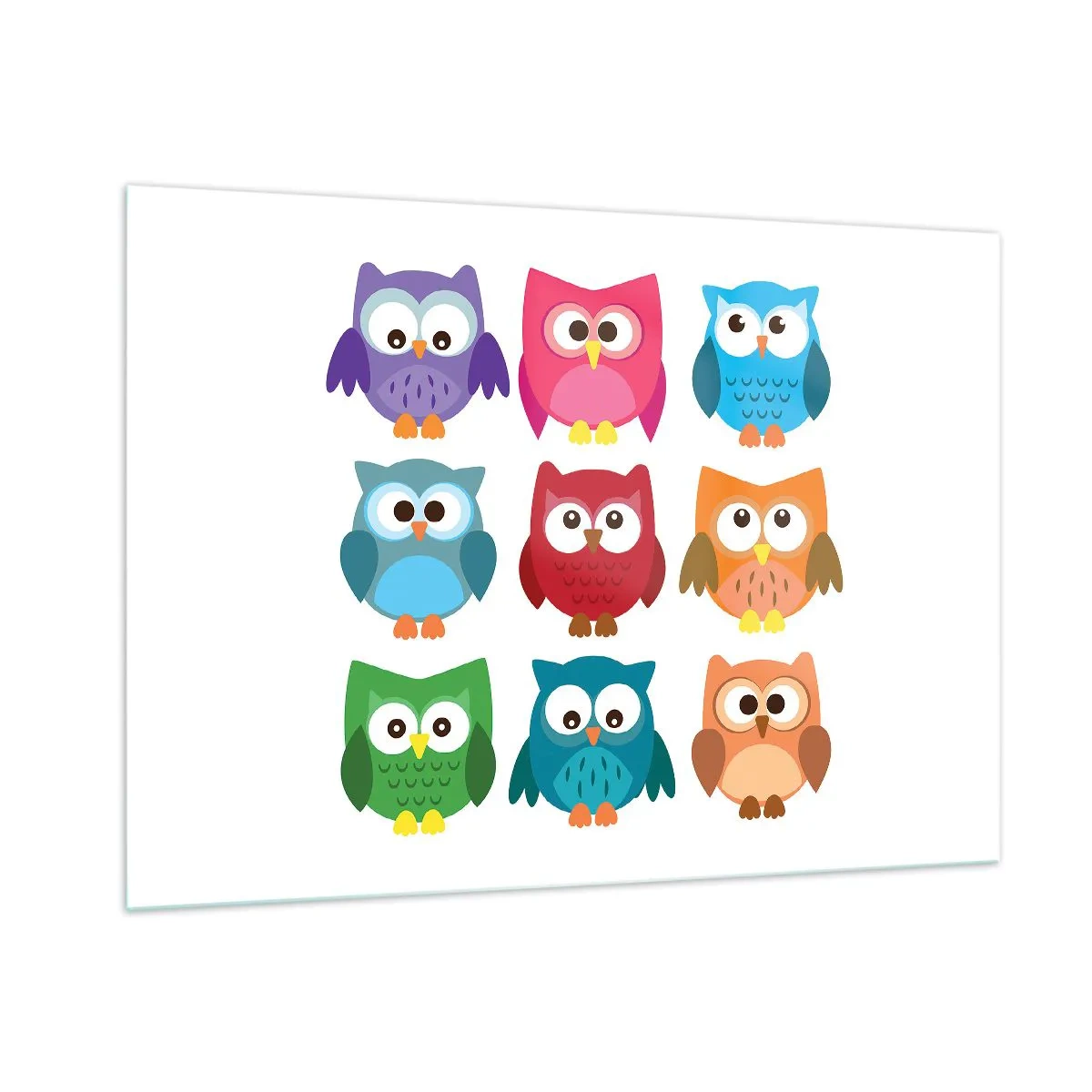 Impression sur verre - Image sur verre - Hiboux colorés dans un style dessin animé sur fond blanc - 100x70cm - C'est amusant d'être différent - Décoration murale moderne pour le salon et la chambre ARTTOR