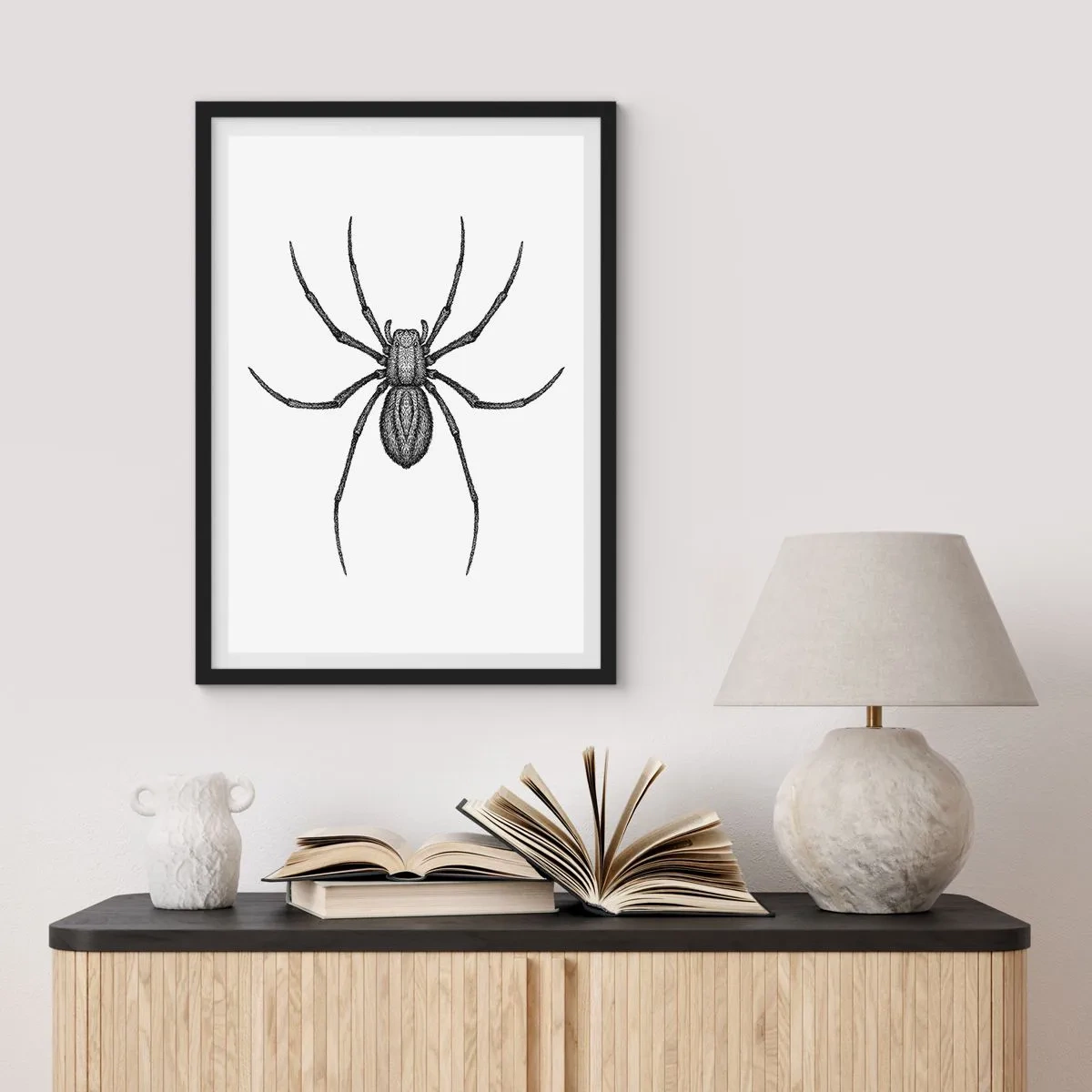 Affiche dans un cadre noir - Poster - Illustration détaillée d'une araignée sur fond blanc - 50x70cm - Une précision troublante - Décoration murale moderne pour le salon et la chambre ARTTOR