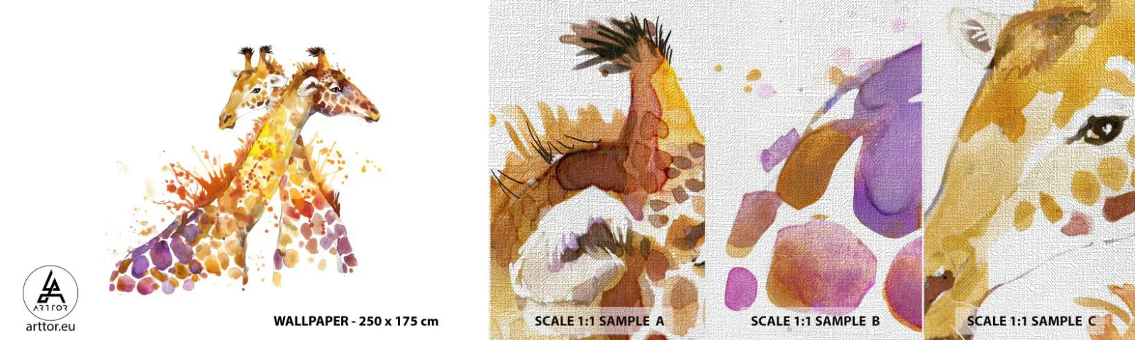 Échantillon de Papier Peint Premium Canvas - Est-ce de l'amitié ou de l'amour? - Animaux, Girafe, Graphique - 100x30 cm