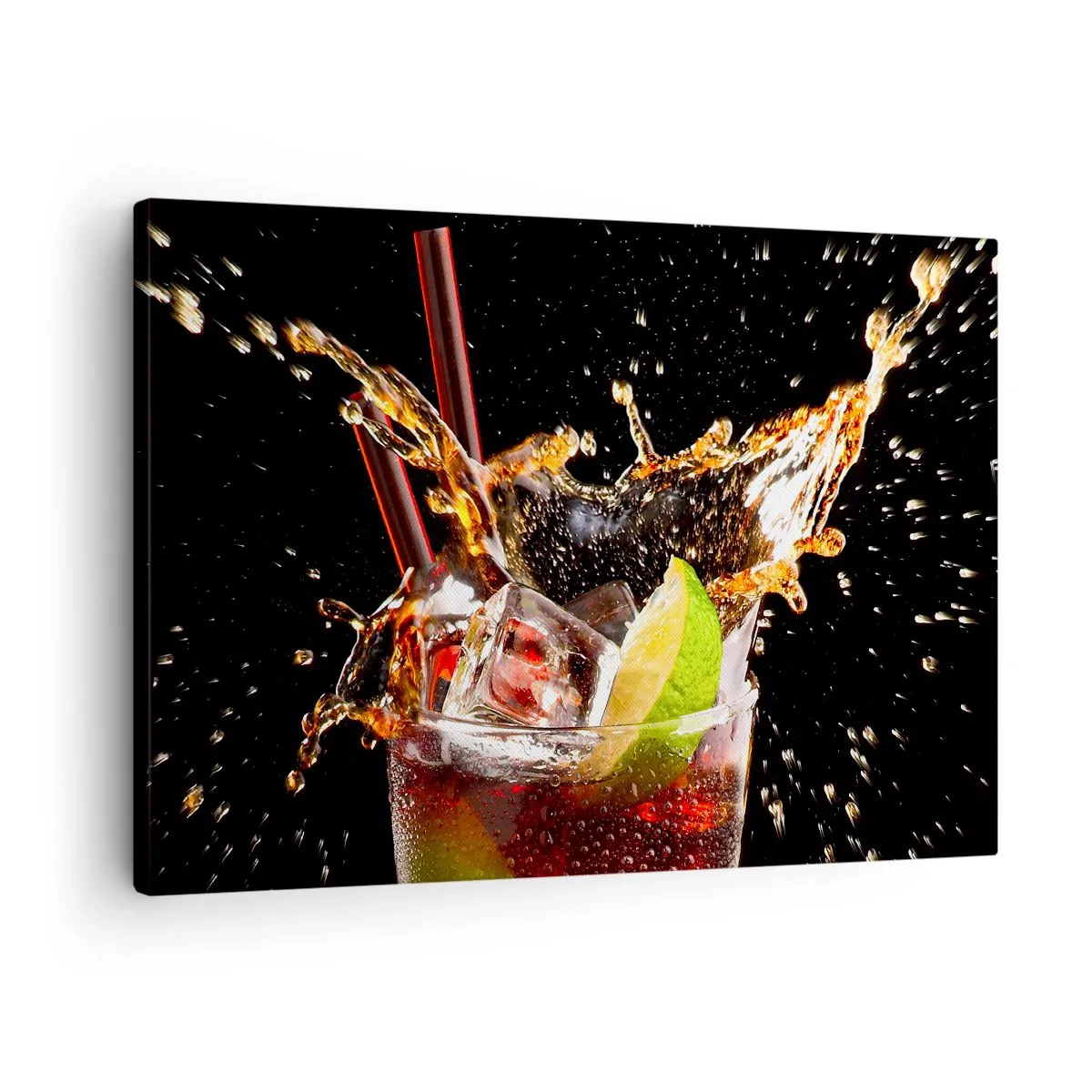 Impression sur toile - Image sur toile - Un verre de boisson, citron vert et glace au moment des éclaboussures dynamiques - 70x50cm - Joie et énergie des couleurs - Décoration murale moderne pour le salon et la chambre ARTTOR