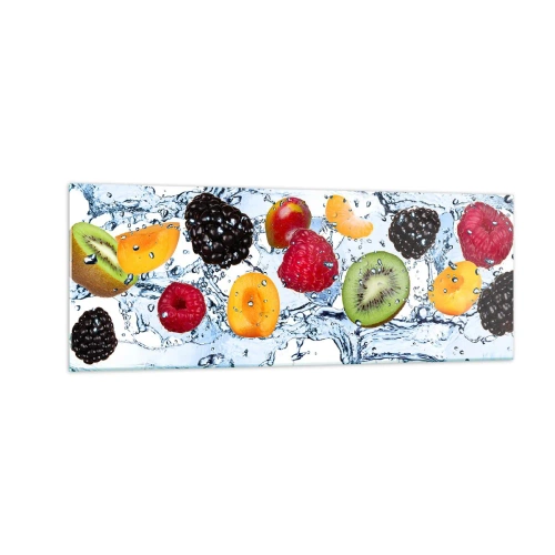 Impression sur verre - Image sur verre - Fruits colorés immergés dans des éclaboussures d'eau sur un fond blanc - 140x50cm - Amusez-vous avec nous - Décoration murale moderne pour le salon et la chambre ARTTOR