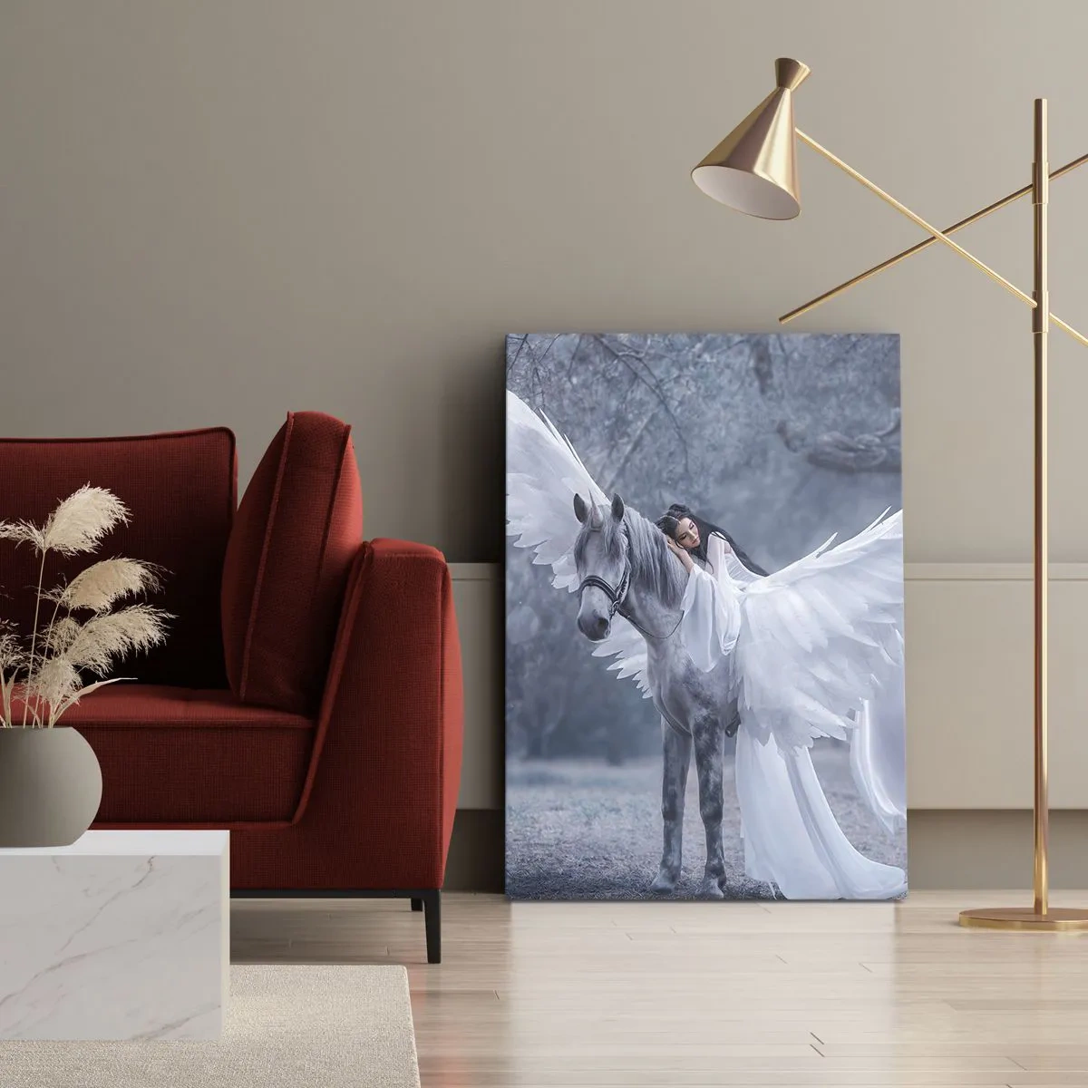 Impression sur toile - Image sur toile - Une femme sur un cheval blanc avec des ailes dans une forêt magique - 50x70cm - Un moment inspiré - Décoration murale moderne pour le salon et la chambre ARTTOR