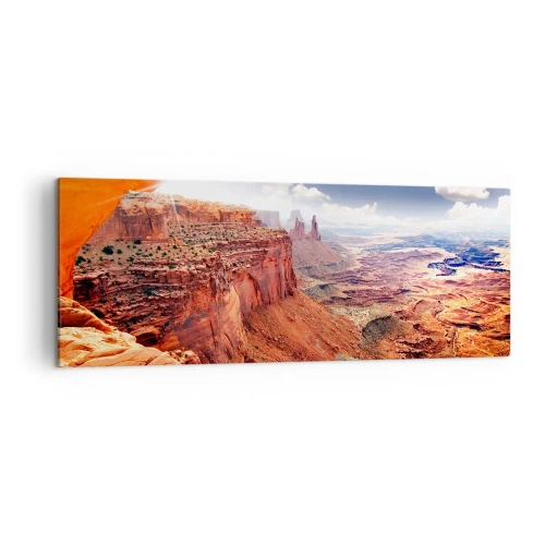 Impression sur toile - Image sur toile - Canyon vu à travers une fenêtre rocheuse aux tons rocheux chauds - 140x50cm - Sculpté par la nature elle-même - Décoration murale moderne pour le salon et la chambre ARTTOR