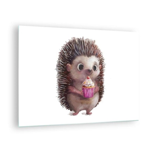 Impression sur verre - Image sur verre - Un hérisson mignon avec un cupcake sur fond blanc - 70x50cm - La fête c'est tous les jours - Décoration murale moderne pour le salon et la chambre ARTTOR