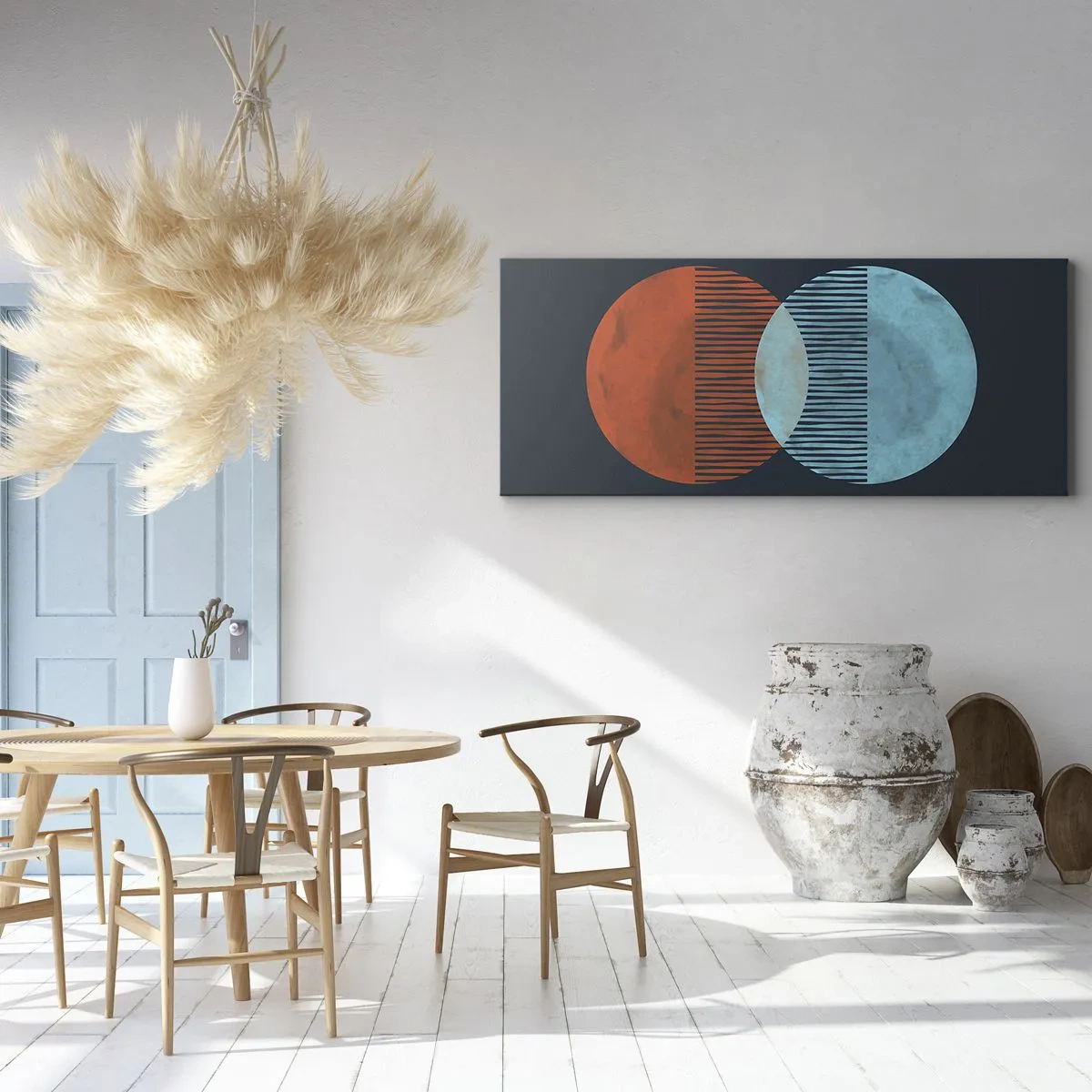 Impression sur toile - Image sur toile - Deux cercles orange et bleus sur fond sombre - 160x50cm - Fantaisie astronomique - Décoration murale moderne pour le salon et la chambre ARTTOR