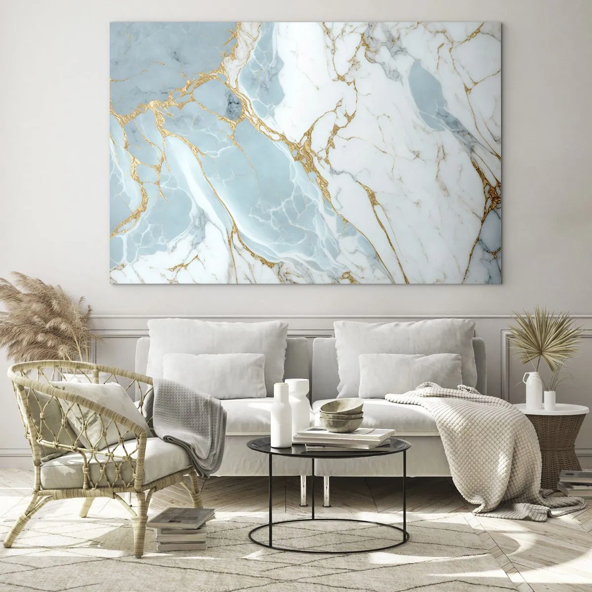 Impression sur verre - Image sur verre - Marbre abstrait dans des tons bleus et dorés - 120x80cm - Richesse en pierre - Décoration murale moderne pour le salon et la chambre ARTTOR