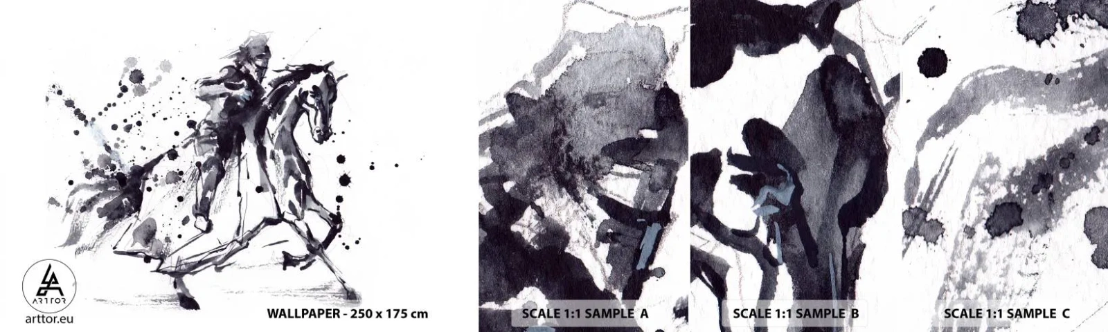 Échantillon de Papier Peint Autocollant Deluxe Sticker - Chevalier noir - Abstraction, Chevalier à cheval, Armure de chevalier - 100x30 cm