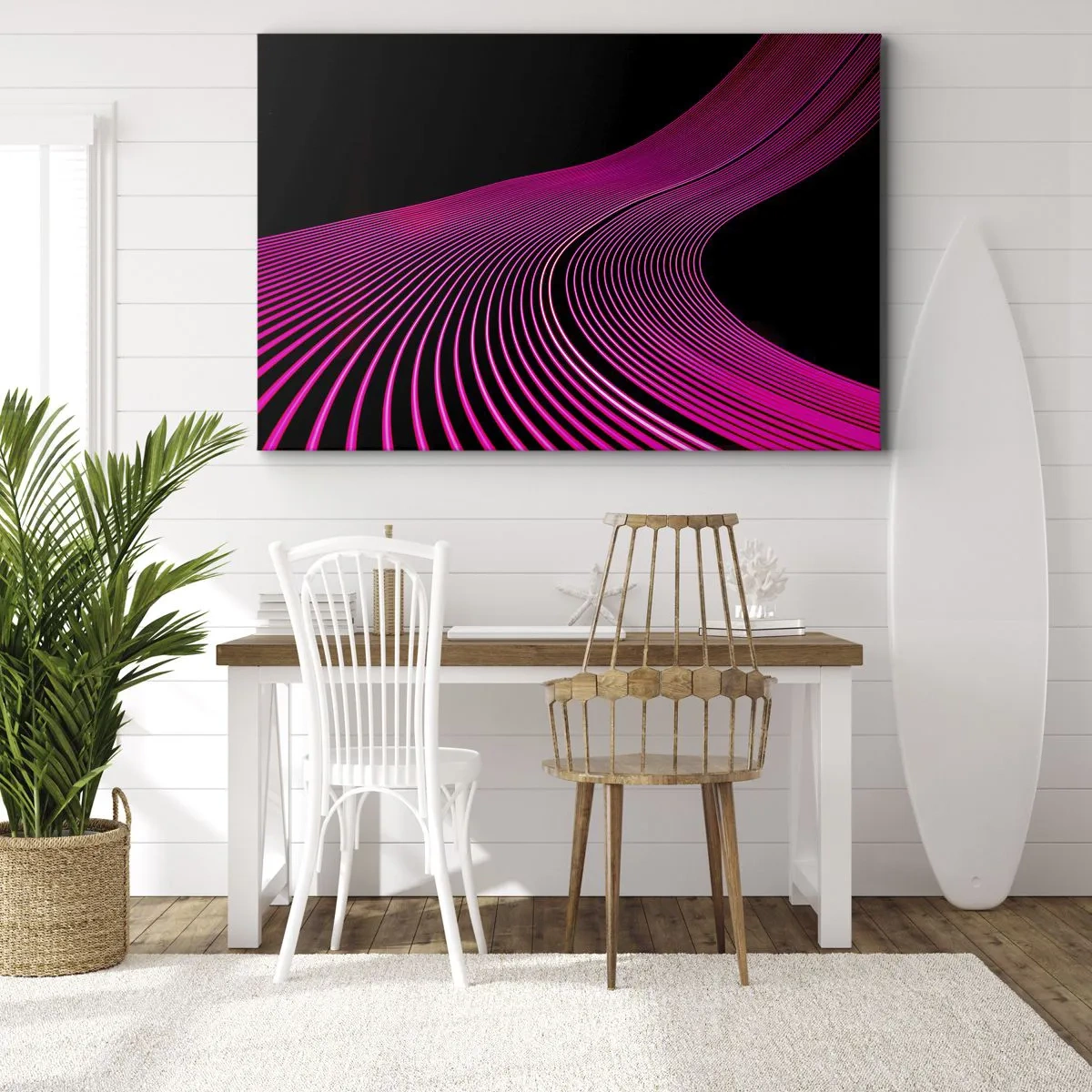 Impression sur toile - Image sur toile - Lignes futuristes dans des tons de rose sur fond noir - 70x50cm - Avenue de lumière - Décoration murale moderne pour le salon et la chambre ARTTOR