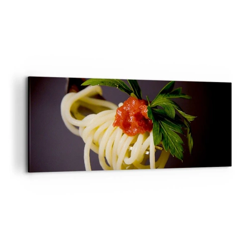 Impression sur toile - Image sur toile - Spaghettis à la fourchette avec sauce tomate et persil - 120x50cm - Une bouchée savoureuse - Décoration murale moderne pour le salon et la chambre ARTTOR