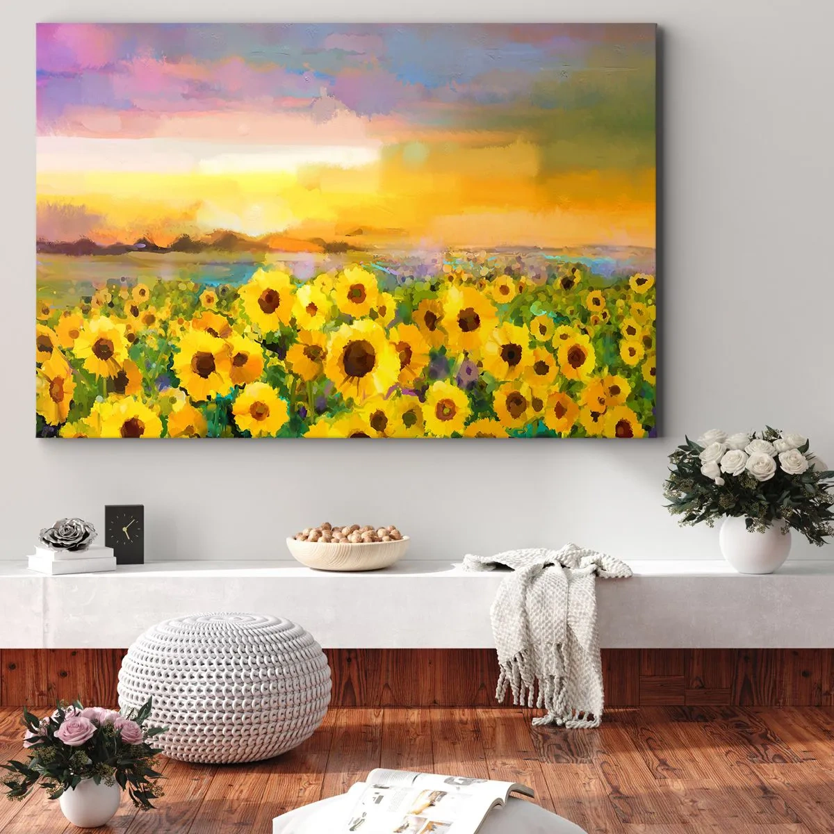 Impression sur toile - Image sur toile - Un champ de tournesols à la lumière du soleil couchant - 70x50cm - Le soleil lui-même est descendu sur terre - Décoration murale moderne pour le salon et la chambre ARTTOR