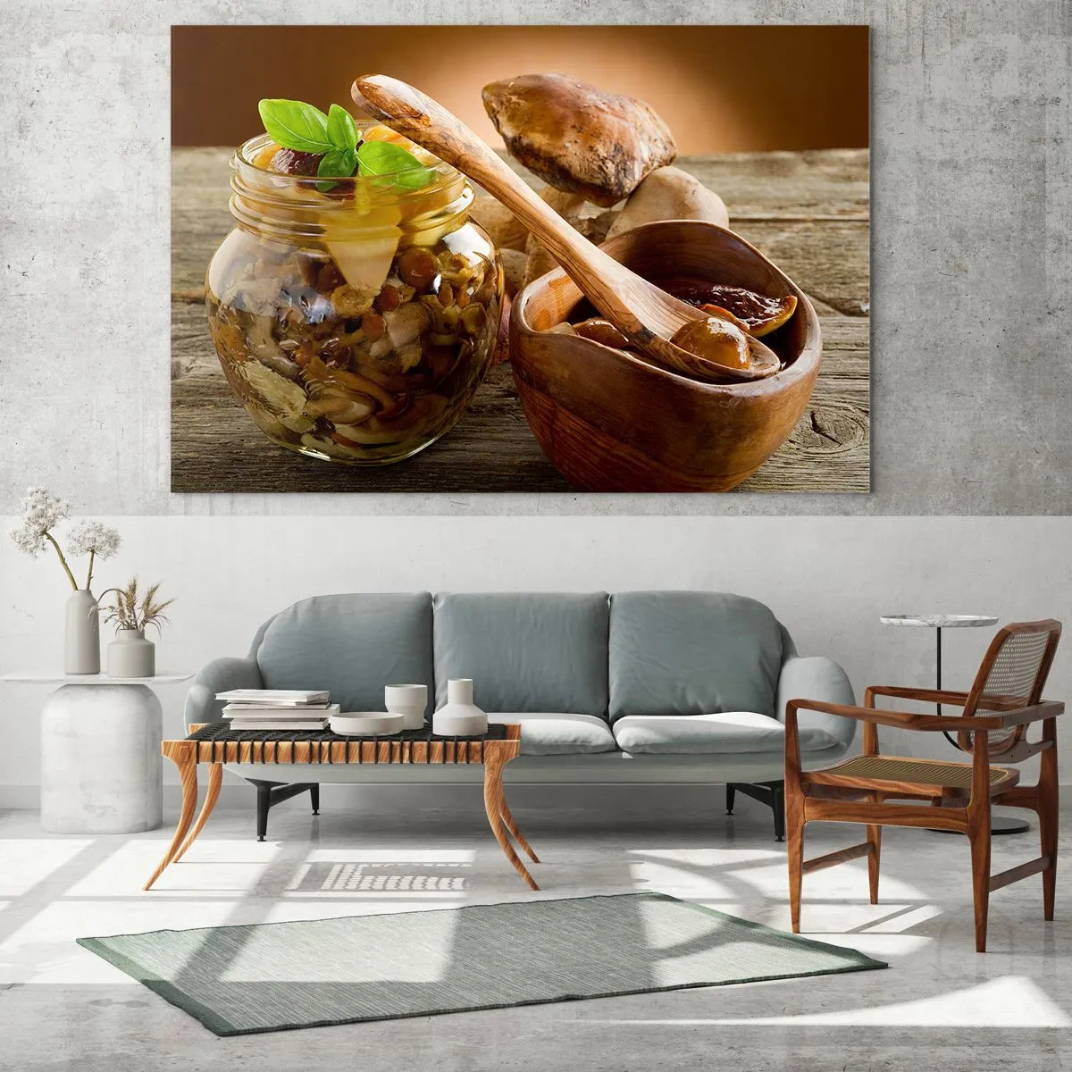 Impression sur verre - Image sur verre - Champignons marinés dans un bocal avec un bol en bois et des champignons sur la table en arrière-plan - 100x70cm - Que ce soit frais ou salé, ou en automne... - Décoration murale moderne pour le salon et la chambre