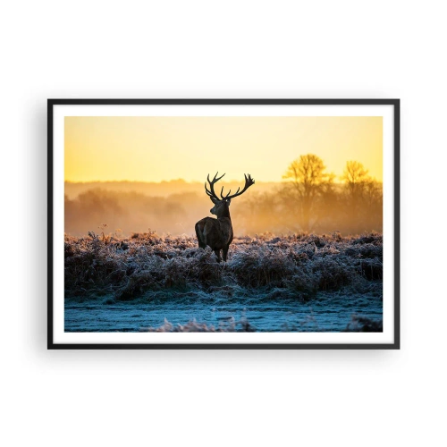 Affiche dans un cadre noir - Poster - Un cerf dans une clairière gelée au lever du soleil - 100x70cm - Couronné pour sa succession - Décoration murale moderne pour le salon et la chambre ARTTOR