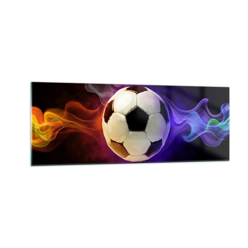 Impression sur verre - Image sur verre - Un ballon de football entouré d'effets de fumée colorés sur un fond sombre. - 140x50cm - Le pouvoir magique du jeu - Décoration murale moderne pour le salon et la chambre ARTTOR