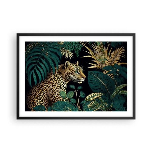 Affiche dans un cadre noir - Poster - Léopard dans des feuilles tropicales sur fond noir - 70x50cm - Un hôte dans la jungle - Décoration murale moderne pour le salon et la chambre ARTTOR