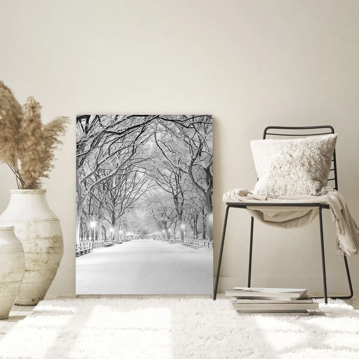 Impression sur verre - Image sur verre - Allée d'arbres d'hiver dans le parc avec des lumières et de la neige - 50x70cm - Les quatres saisons – l’hiver - Décoration murale moderne pour le salon et la chambre ARTTOR