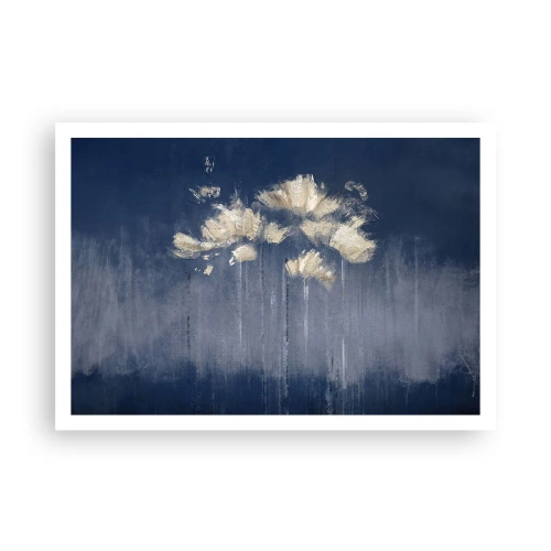 Affiche - Poster - Fleurs délicates sur fond bleu - 100x70cm - Comme des pétales au vent - Décoration murale moderne pour le salon et la chambre ARTTOR
