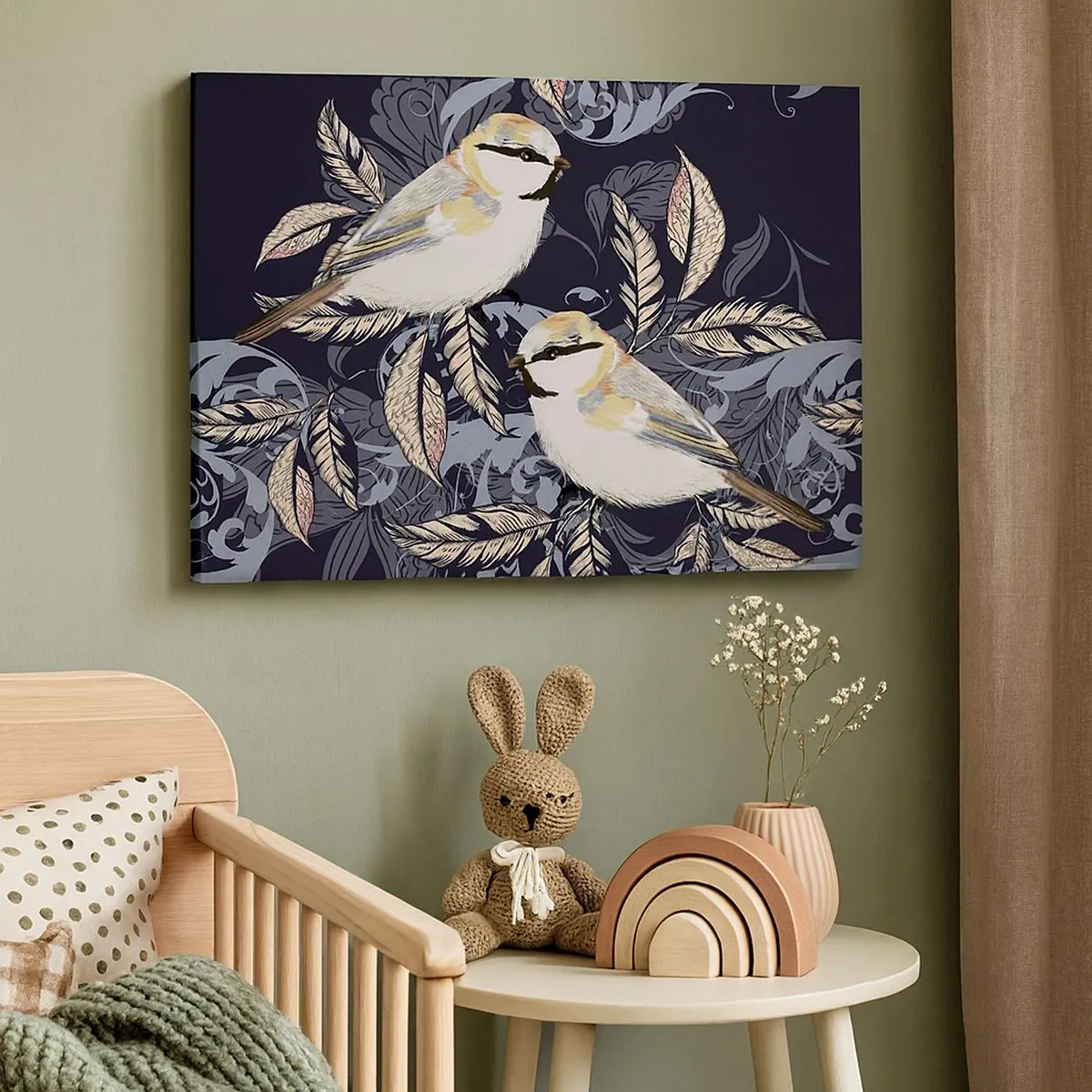 Impression sur toile - Image sur toile - Oiseaux sur des branches dans un arrière-plan ornemental - 70x50cm - Babillement jaune et bleu - Décoration murale moderne pour le salon et la chambre ARTTOR