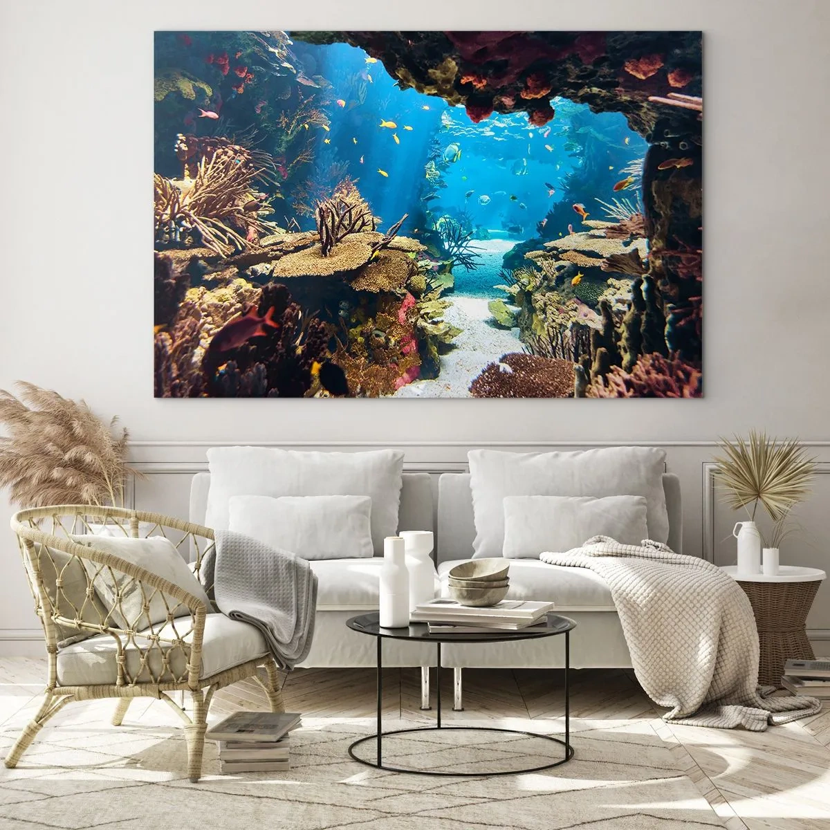 Impression sur verre - Image sur verre - Monde sous-marin avec récif corallien et poissons - 120x80cm - Tu ne l'as même pas rêvé - Décoration murale moderne pour le salon et la chambre ARTTOR