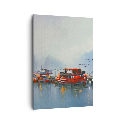 Impression sur toile - Image sur toile - Un port avec des bateaux rouges entouré d'un paysage brumeux - 50x70cm - Na końcu świata - Décoration murale moderne pour le salon et la chambre ARTTOR