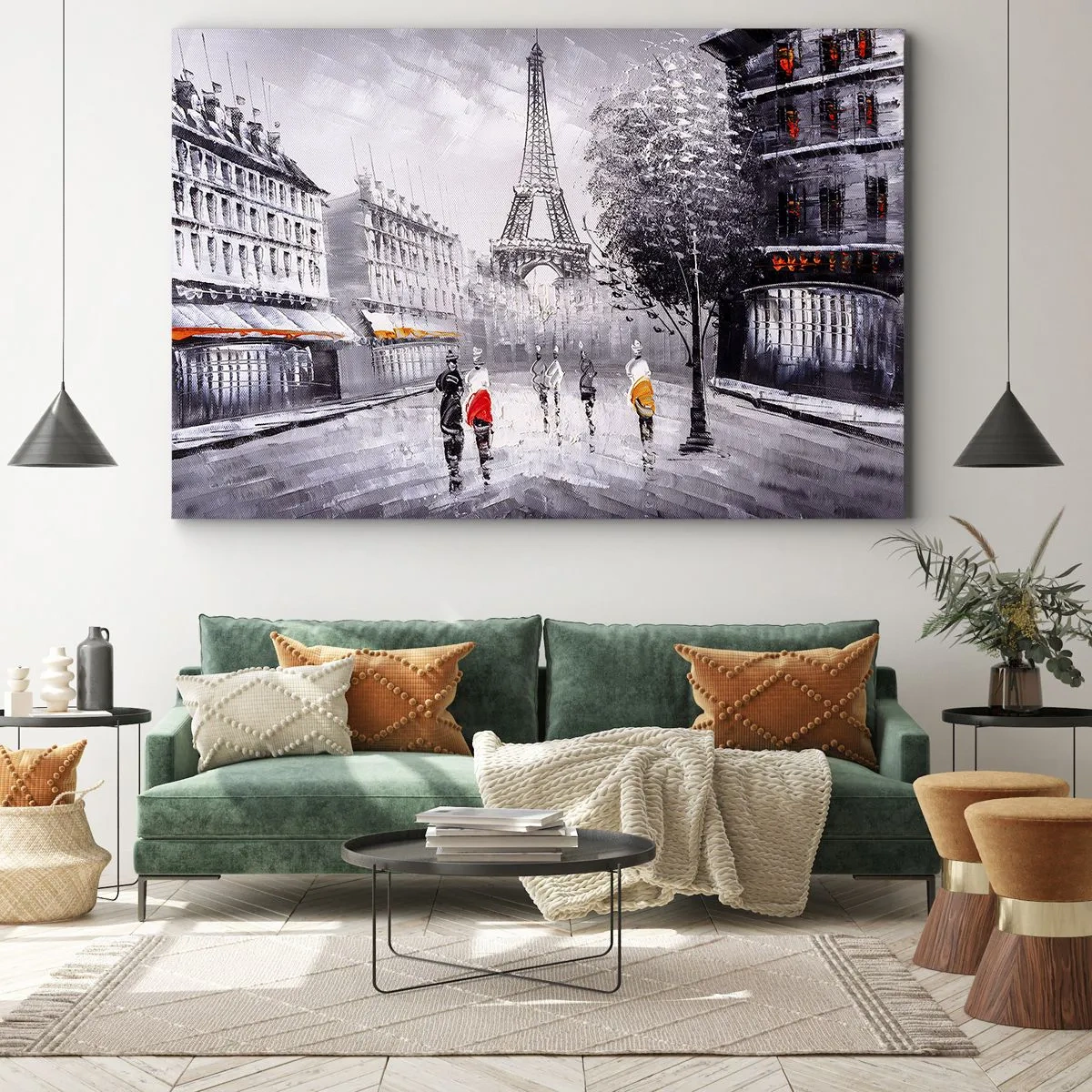 Impression sur toile - Image sur toile - Une vue de la Tour Eiffel dans un décor monochrome avec des touches de couleur - 70x50cm - Balade parisienne - Décoration murale moderne pour le salon et la chambre ARTTOR
