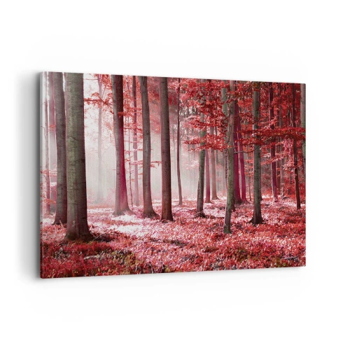Impression sur toile - Image sur toile - Une forêt époustouflante aux teintes rouges avec des rayons de lumière pénétrant à travers les arbres - 100x70cm - Le rouge est tout aussi beau - Décoration murale moderne pour le salon et la chambre ARTTOR