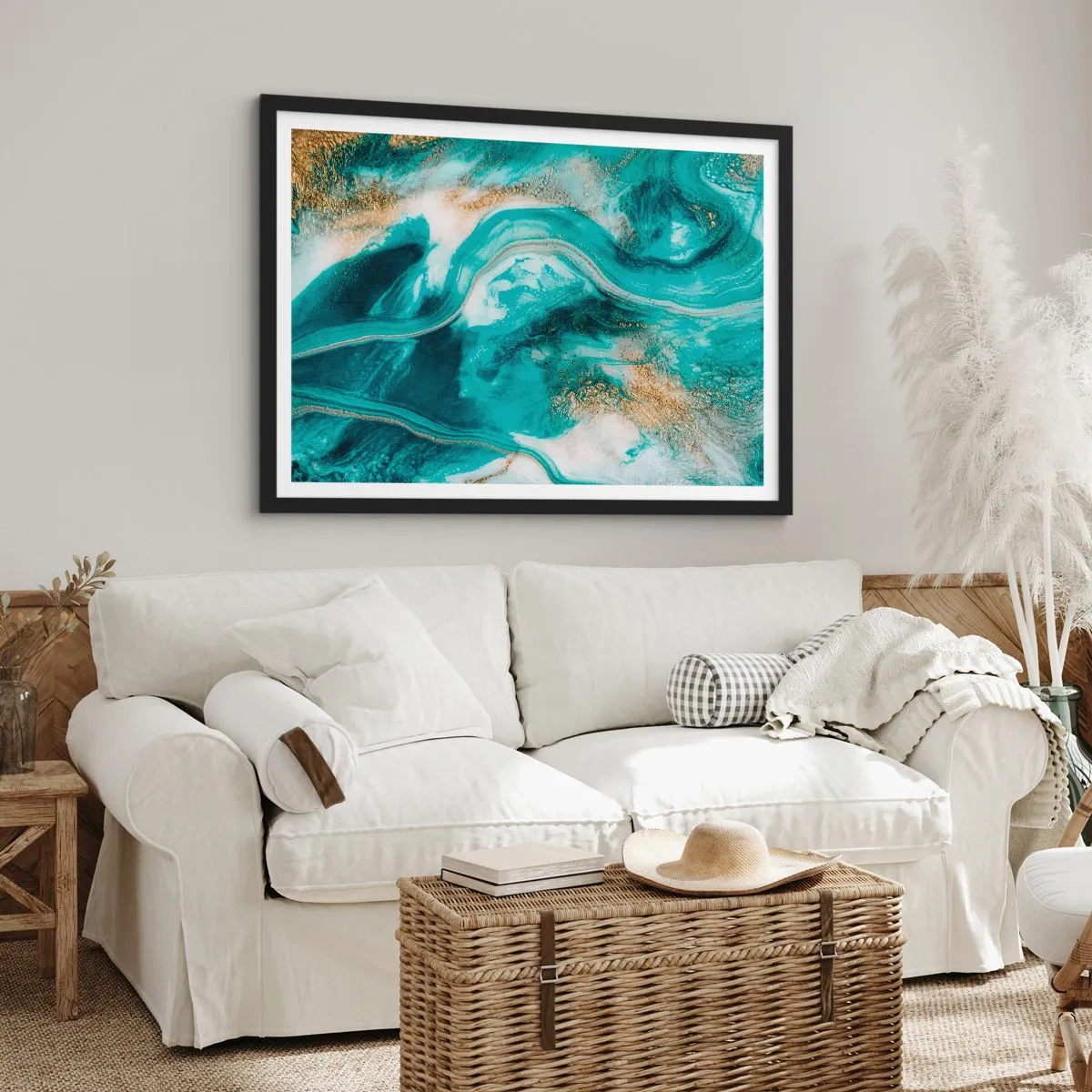 Affiche dans un cadre noir - Poster - Abstraction turquoise avec des accents blancs et dorés - 100x70cm - Rivière d'or - Décoration murale moderne pour le salon et la chambre ARTTOR