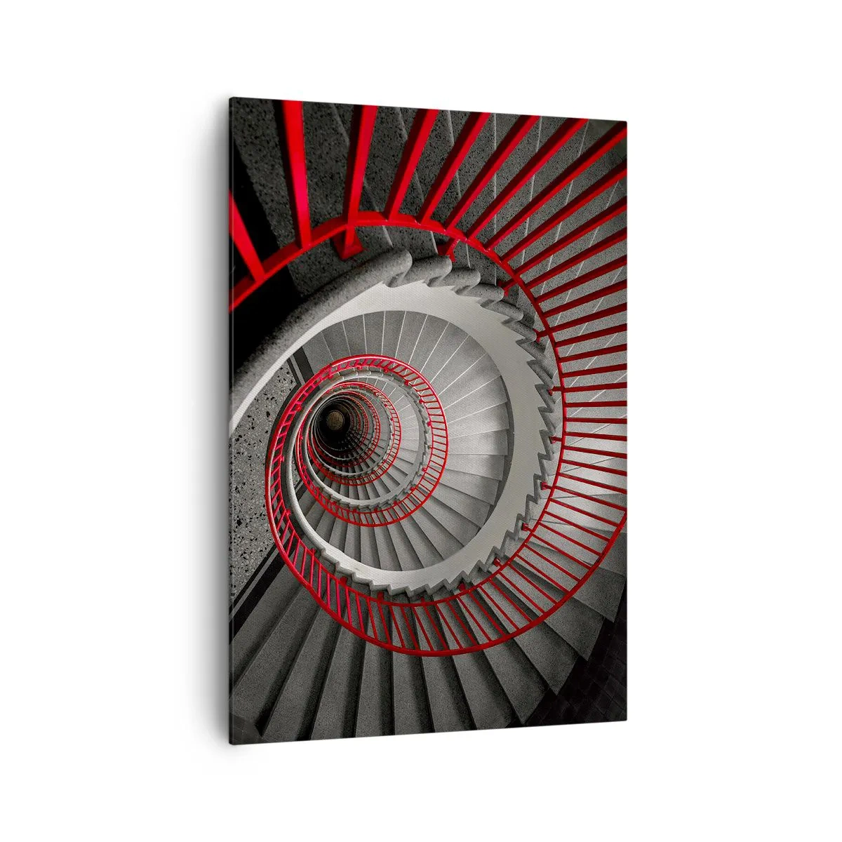 Impression sur toile - Image sur toile - Escalier en colimaçon avec rampes rouges dans une perspective dynamique - 70x100cm - Amusement architectural - Décoration murale moderne pour le salon et la chambre ARTTOR